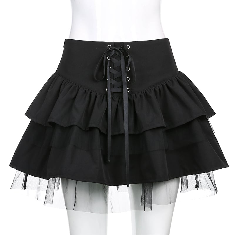 Cute Black Goth Lace Up High Waisted Ruffle Skirt Punk Bandage A-line Lace Trim Tutu Casual E-Girl Kawaii Korean Japanese Harajuku Streetwear