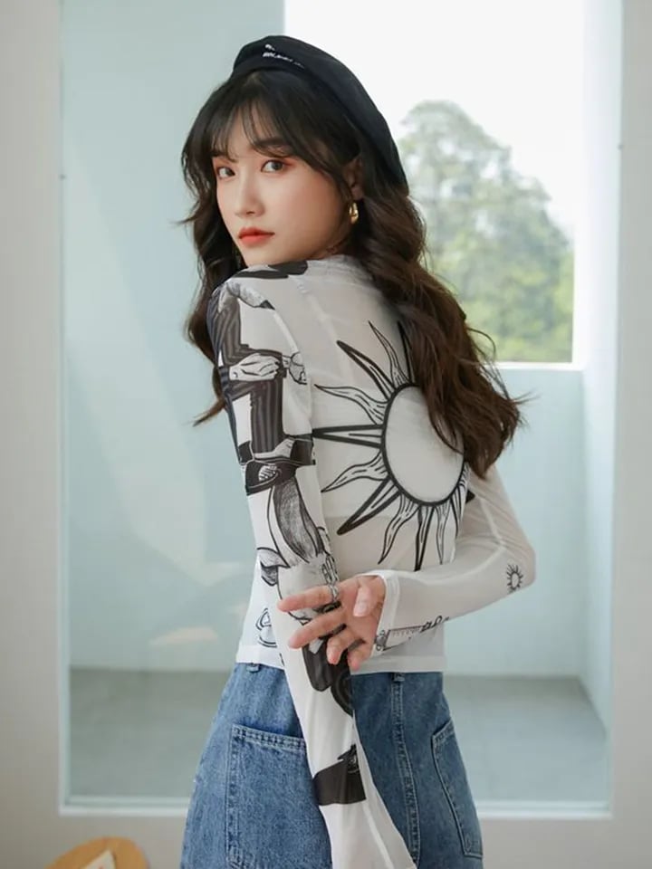 White Sun Mesh Transparent Long Sleeve Shirt