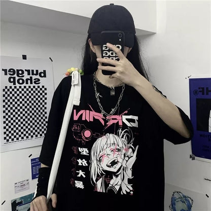 Cute Japanese Girl Punk Goth Print Graphic Casual Short Sleeve Shirt Tee T-shirt E-Girl Kawaii Korean Japanese Harajuku Retro Streetwear Aesthetic