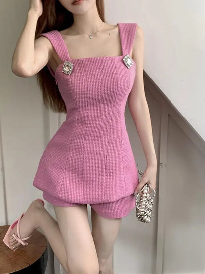2PCs Pink Tweed Square Collar Top + Shorts Set