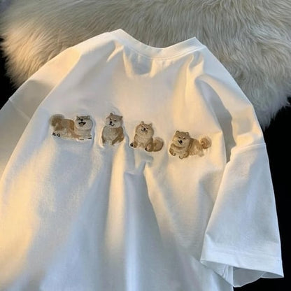 Funny Shiba Embroidery Short Sleeve T-shirt