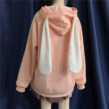 Cute Rabbit Ears Embroidery Loose Long Sleeve Sweatshirt Zip Up Hoodie Aesthetic Casual E-Girl Kawaii Korean Japanese Harajuku