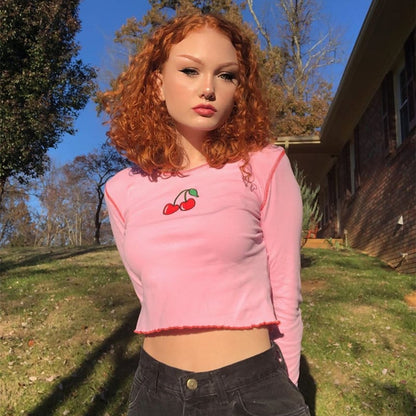 Cute Pink Cherry Fruit Embroidery Crop Top Long Sleeve Shirt T-shirt Causal Tee Summer E-Girl Kawaii Korean Japanese Harajuku Streetwear