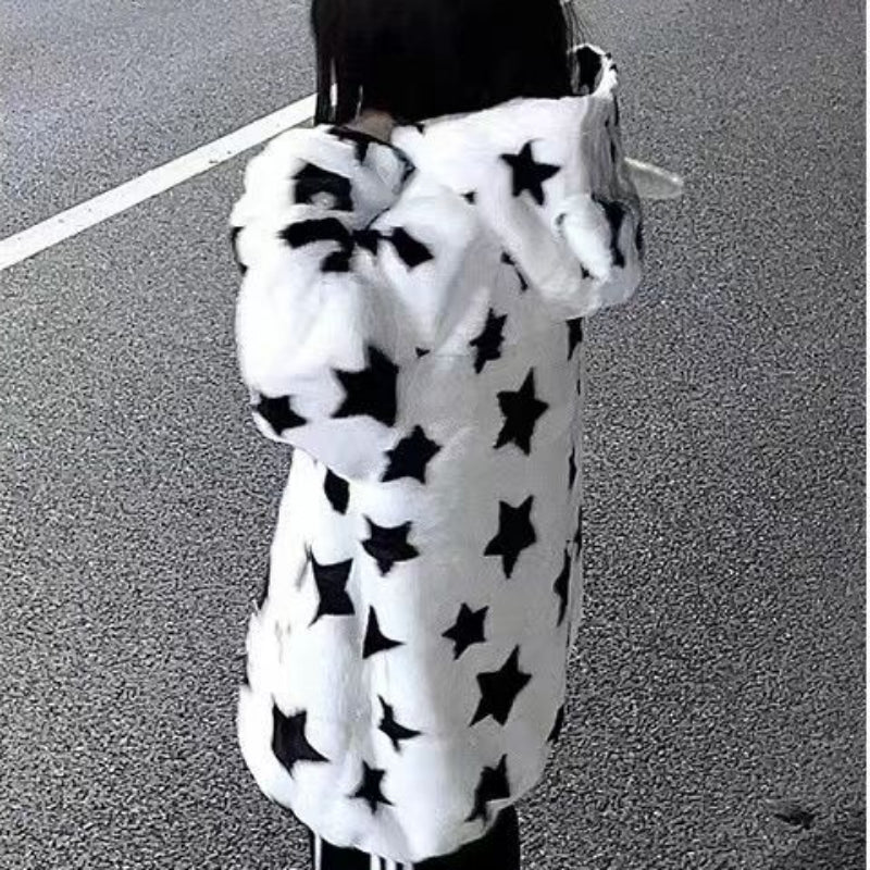 3D Star Ear Print Plush Hood Jacket