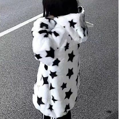 3D Star Ear Print Plush Hood Jacket