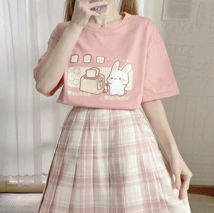 Cute Bunny And Toast Bread Graphic Cartoon Print Loose Short Sleeve T-shirt Aesthetic Casual Summer E-Girl Kawaii Korean Japanese Harajuku