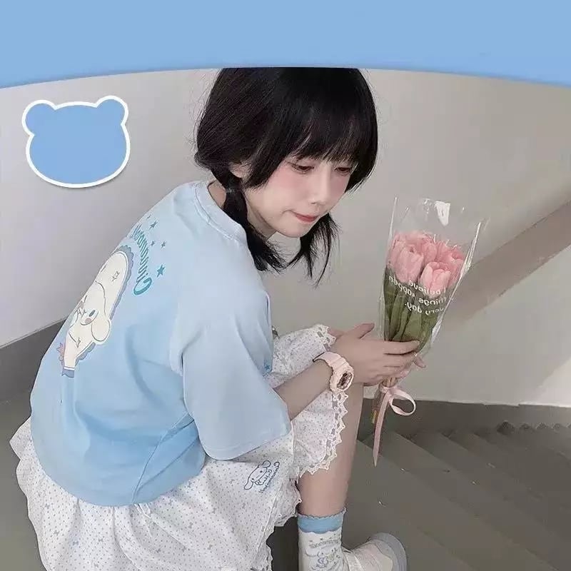 Cute Blue Japanese Anime Cartoon Graphic Print Loose Short Sleeve T-shirt