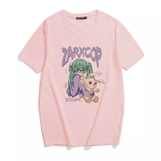 Black Anime Girl Cartoon Print Vintage Oversize Loose Short Sleeve Shirt T-shirt Tee Top Goth Punk E-Girl Kawaii Korean Japanese Harajuku Streetwear