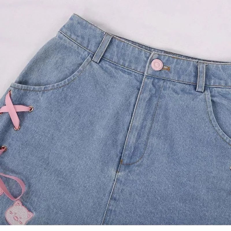 Cat Embroidery Pink Ribbon Denim Shorts