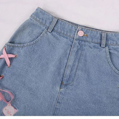 Cat Embroidery Pink Ribbon Denim Shorts