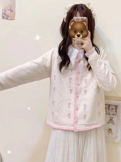 Blue Embroidery Hollow Sweater