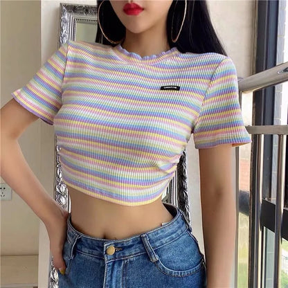 Rainbow Backless Short Sleeve Crop Top