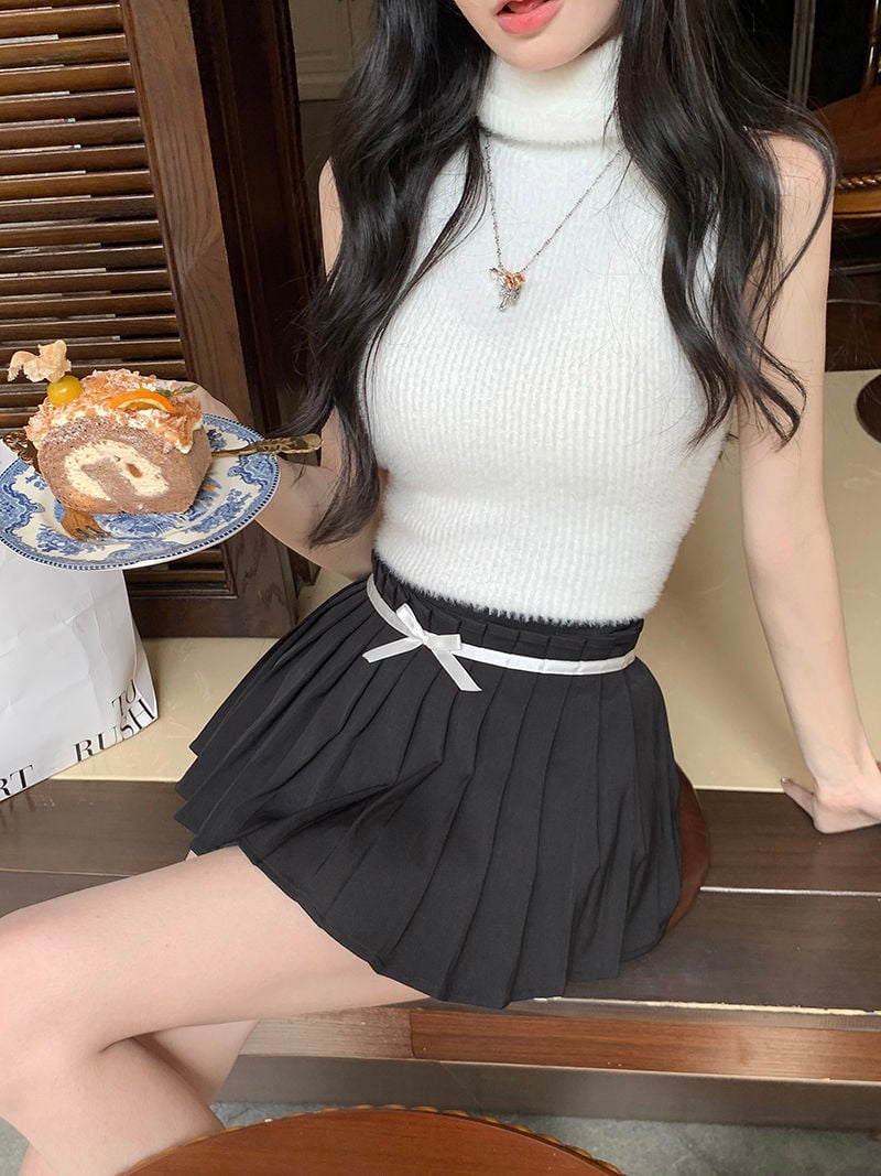Preppy Pleated Bow Patchwork Mini Skirt