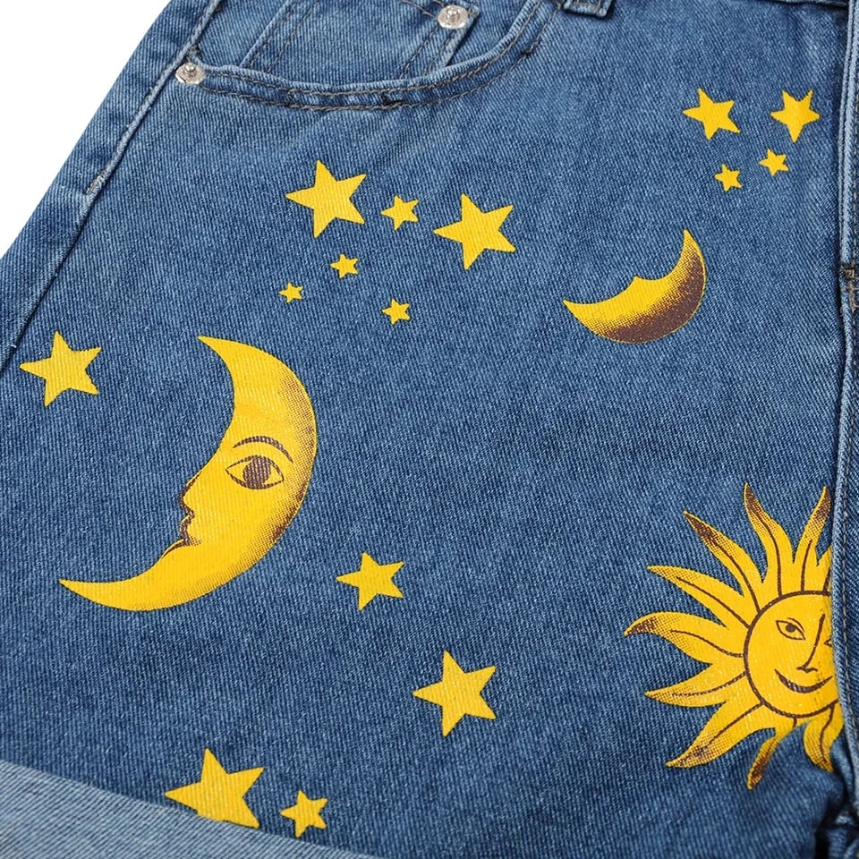 Moon Star Print Denim Shorts