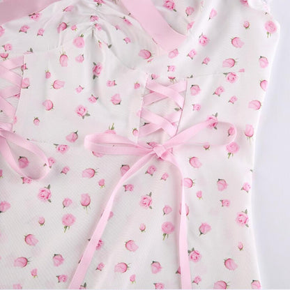White Floral Puff Short Sleeve Lace Patchwork Mini Dress Summer Aesthetic Casual E-Girl Kawaii Korean Japanese Harajuku