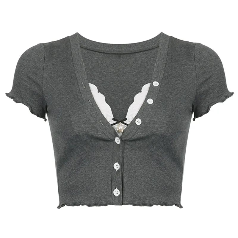 Sweet Lace Button V Neck Cropped Short Sleeve T-Shirt