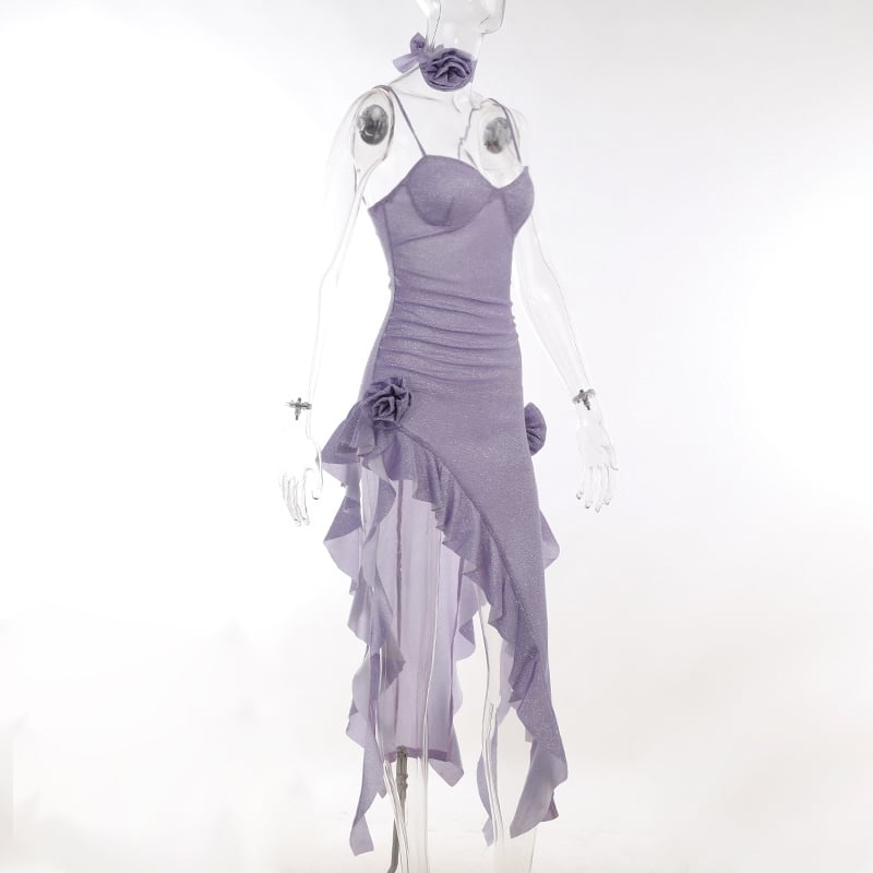 Purple Glitter Flower Frill Split Midi Dress
