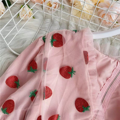 Cute Sexy Pink Strawberry Glitter Sparkle Mesh V Neck Blouse Puff Short Sleeve Shirt Summer Casual E-Girl Kawaii Korean Japanese Harajuku Streetwear