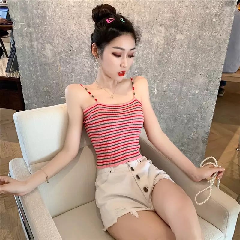 Cute Stripe Knit Cropped Tank Top Spaghetti Strap Camisole Sleeveless Shirt T-shirt Top E-Girl Kawaii Korean Japanese Harajuku Streetwear