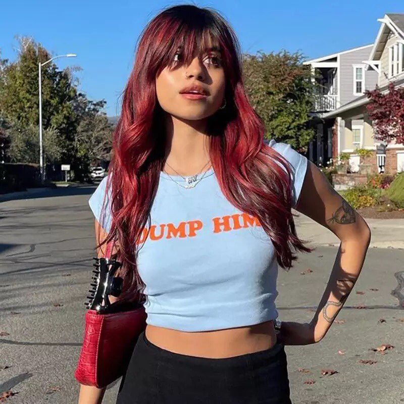 Blue Dump Him Funny Graphic Print Short Sleeve Shirt Crop Top Summer Aesthetic Casual E-Girl Kawaii Korean Japanese Harajuku