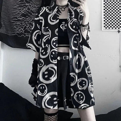 Black Smiley Happy Face Cartoon Print Button Down Oversize Short Sleeve Shirt Goth Aesthetic Casual Summer E-Girl Kawaii Korean Japanese Harajuku
