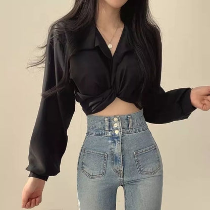 White Chic Cropped Long Sleeve Shirt