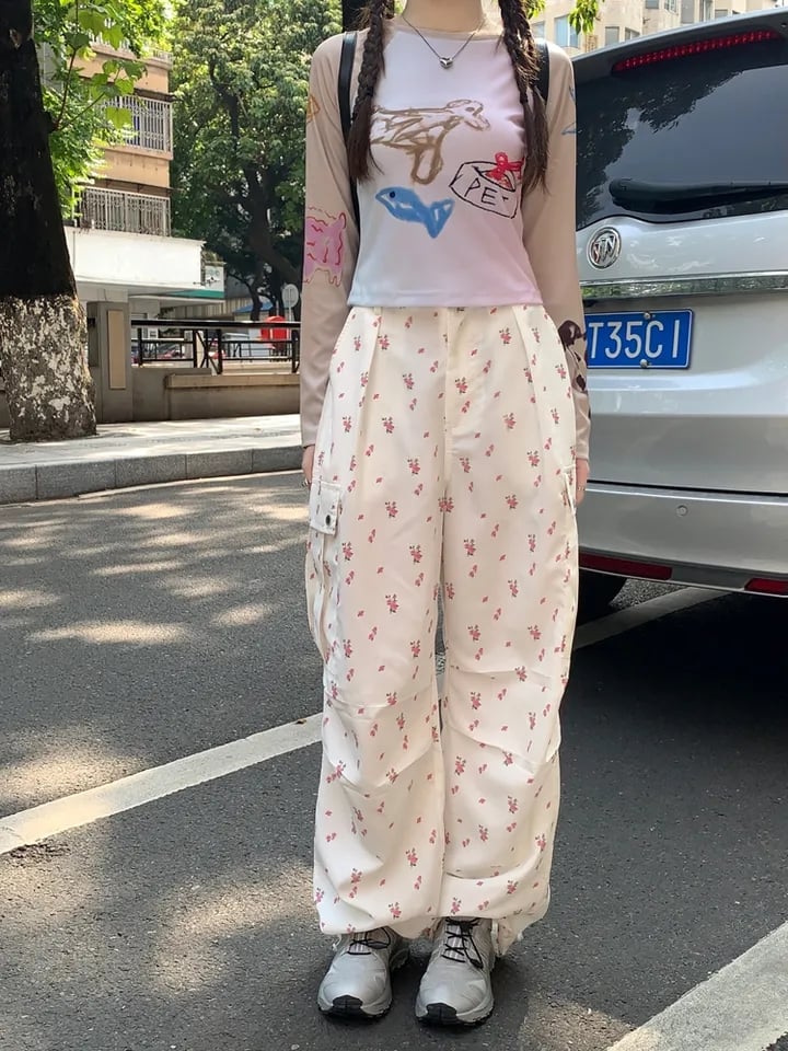 Floral Print Drawstring High Waist Pants