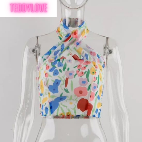Cute Sexy Floral Print Halter Neck Tank Crop Top Backless Sleeveless Shirt Beach Aesthetic Casual Summer E-Girl Kawaii Korean Japanese Haraju