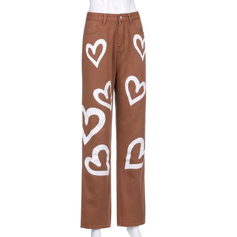 Cute 90s Vintage Heart Print Baggy Mom Jeans Denim High Waisted Trousers Pant Aesthetic Summer Party E-Girl Kawaii Korean Japanese Harajuku Streetwear