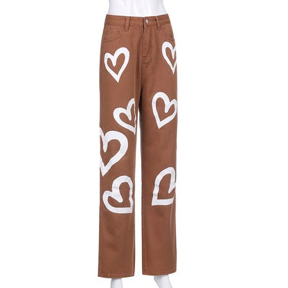 Cute 90s Vintage Heart Print Baggy Mom Jeans Denim High Waisted Trousers Pant Aesthetic Summer Party E-Girl Kawaii Korean Japanese Harajuku Streetwear