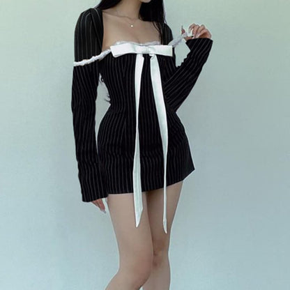 Preppy Bow Sqaure Neck Long Sleeve Dress