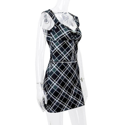 2PCS Black & White Plaid V Neck Top + Mini Skirt