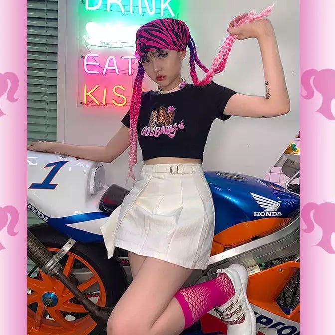 Sexy Pink Cartoon Doll Print Short Sleeve Shirt Crop Top Tee T-shirt Top Causal Summer E-Girl Kawaii Korean Japanese Harajuku Streetwear