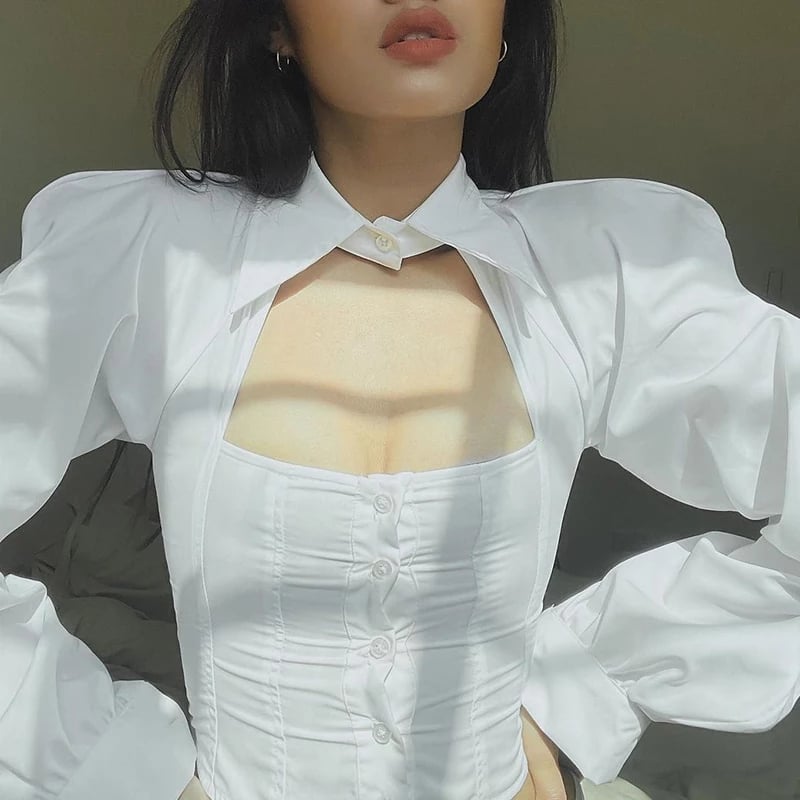 Cute White Silk Hollow Out Collar Cropped Top Long Sleeve Shirt Blouse Elegant Aesthetic Casual E-Girl Kawaii Korean Japanese Harajuku