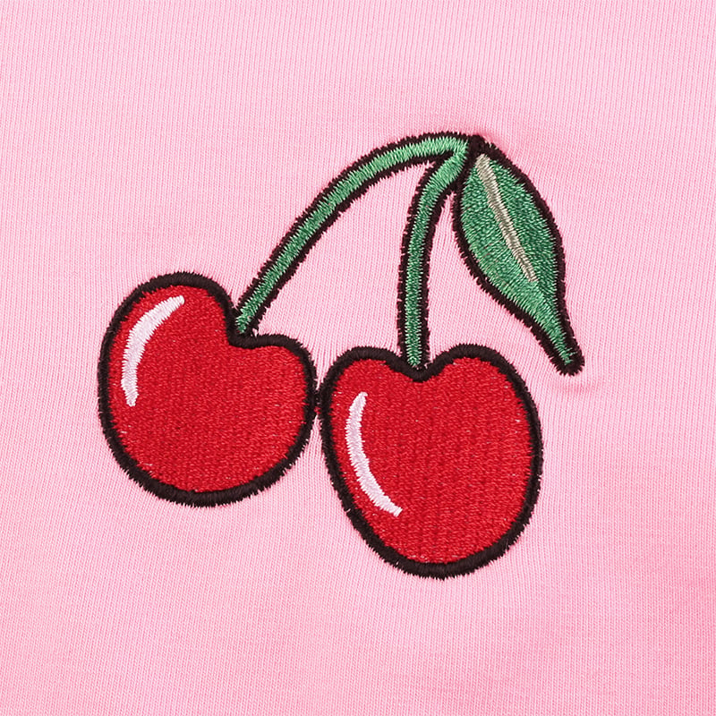 Cute Pink Cherry Fruit Embroidery Crop Top Long Sleeve Shirt T-shirt Causal Tee Summer E-Girl Kawaii Korean Japanese Harajuku Streetwear