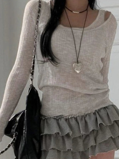 Grey Ribbed 2PCS Long Sleeve Shirt