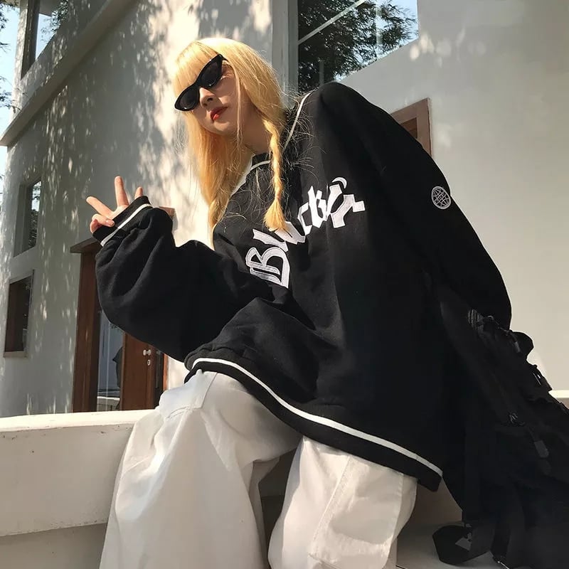 Black Letter Embroidery V Neck Long Sleeve Sweater