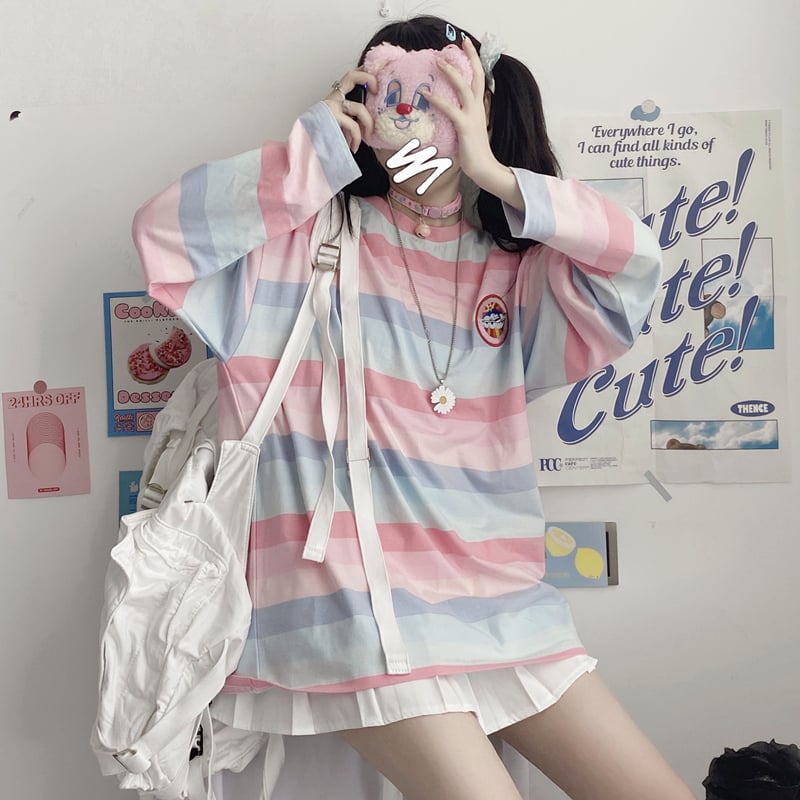 Pastel Rainbow Stripe Colorful Loose Oversize Long Sleeve Shirt T-shirt Top Embroidery Casual Autumn E-Girl Kawaii Korean Japanese Harajuku Streetwear