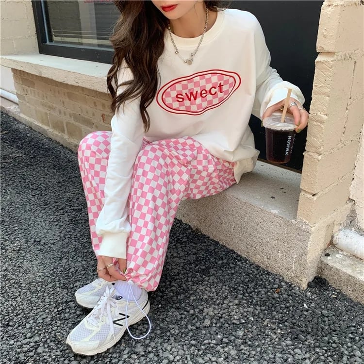 Pink Gingham Loose High Waist Pants