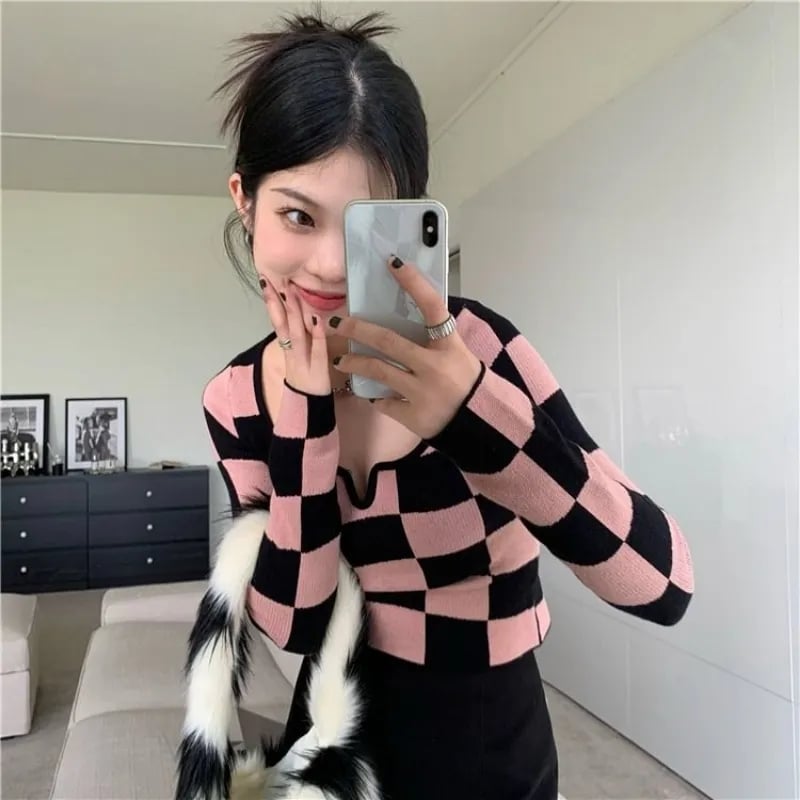 Pink & Black Checkboard Knit Sweater