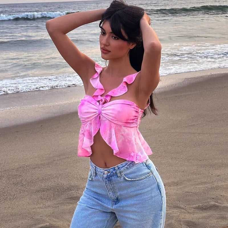 Pink Tie Dye V Neck Ruffle Crop Top