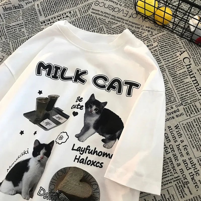 Cat Milk Cartoon Print Short Sleeve T-shirt