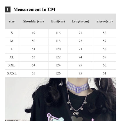 Cute Black Japanese Anime Cartoon Print Loose Oversize Long Sleeve T-shirt