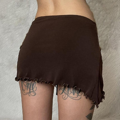 Brown Y2k Irregular Drawstring Low Waist Mini Skirt
