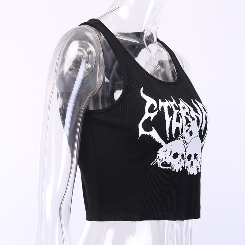 Black Skull Print Knit Ruffle Tank Top Cropped Sleeveless Shirt Causal Goth Punk Causal Summer E-Girl Kawaii Korean Japanese Harajuku Streetwear