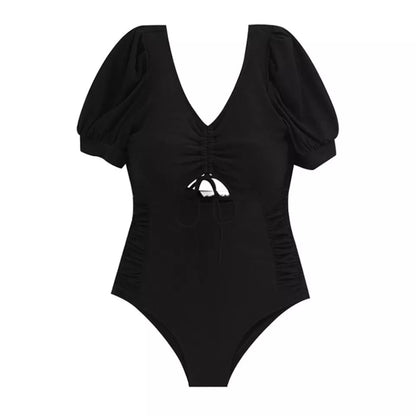 Black Open Back Short Sleeve One Piece Swimsuit Aesthetic Casual E-Girl Kawaii Korean Japanese Harajuku