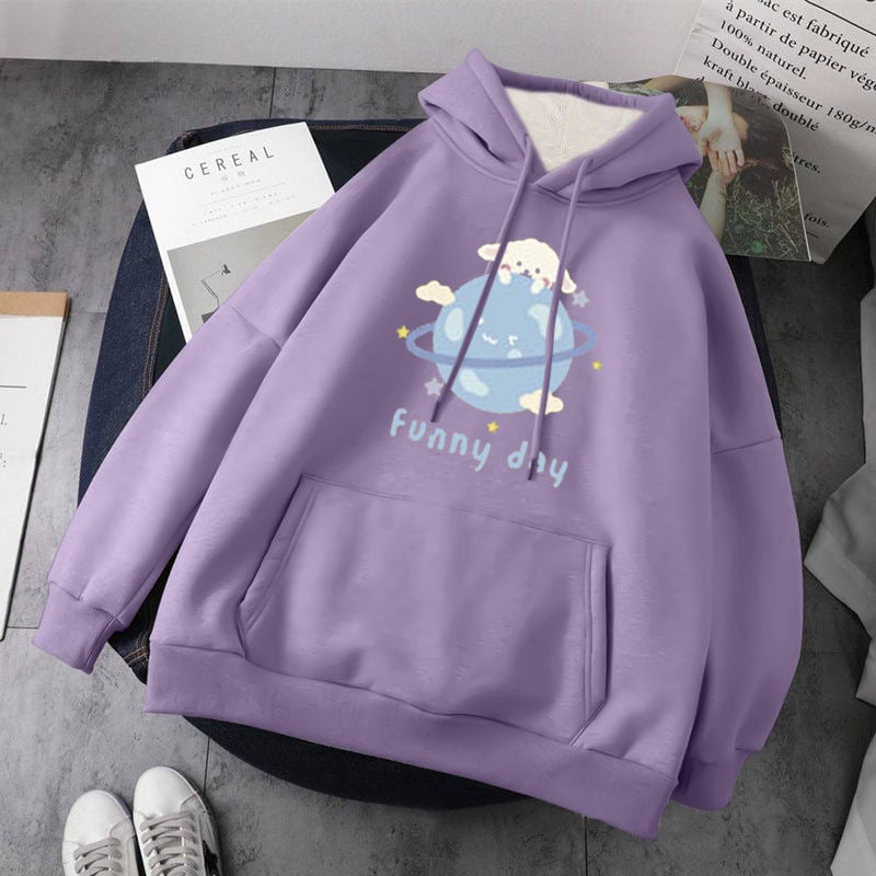 Cute Dog Poodle Earth Cartoon Print Oversized Loose Hoodie Sweater Sweatshirt Pullober Jumper Casual E-Girl Kawaii Korean Japanese Harajuku Streetwear