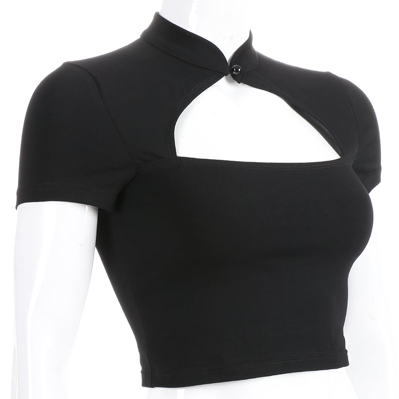 Cute Sexy Casual Black Hallow Out Crop Top Short Sleeve Shirt Tee T-shirt E-Girl Kawaii Korean Japanese Harajuku Chinese Retro Streetwear Aesthetic