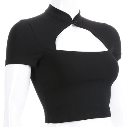 Cute Sexy Casual Black Hallow Out Crop Top Short Sleeve Shirt Tee T-shirt E-Girl Kawaii Korean Japanese Harajuku Chinese Retro Streetwear Aesthetic