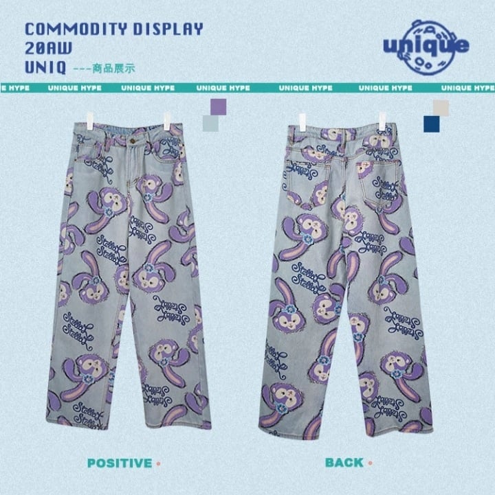 Cute Bunny Rabbit Cartoon Print High Waisted Denim Long Wide Leg Jeans Pants Trouser Aesthetic Casual Summer E-Girl Kawaii Korean Japanese Harajuku